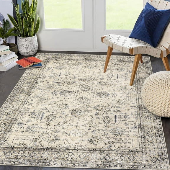 Garvee 9'x12' Area Rugs for Living Room Vintage Persian Rug Boho Floral Distressed Rug Farmhouse Non-Slip Low Pile Accent Rug, Beige Brown