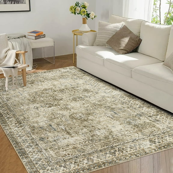 Garvee 9'x12' Area Rugs for Living Room Vintage Persian Rug Boho Floral Distressed Rug Farmhouse Non-Slip Low Pile Accent Rug, Taupe, Antique