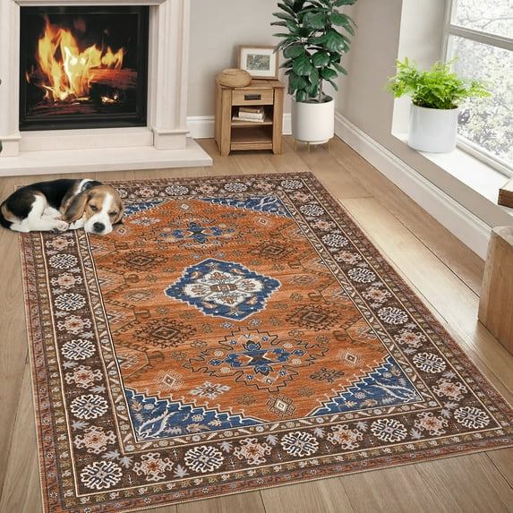 Garvee 9'x12' Boho Area Rugs for Living Room, Vintage Print Rug Non-Slip Backing Washable Rugs Stain-Resistant Carpet for Bedroom Dining Room Home Office, Orange