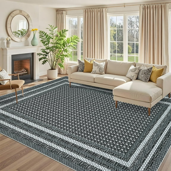 Garvee 9'x12' Bordered Print Area Rug Washable Rugs, Non Slip Modern Geometric Rug Stain Resistant Indoor Carpet for Living Room Bedroom Dining Room, Gray