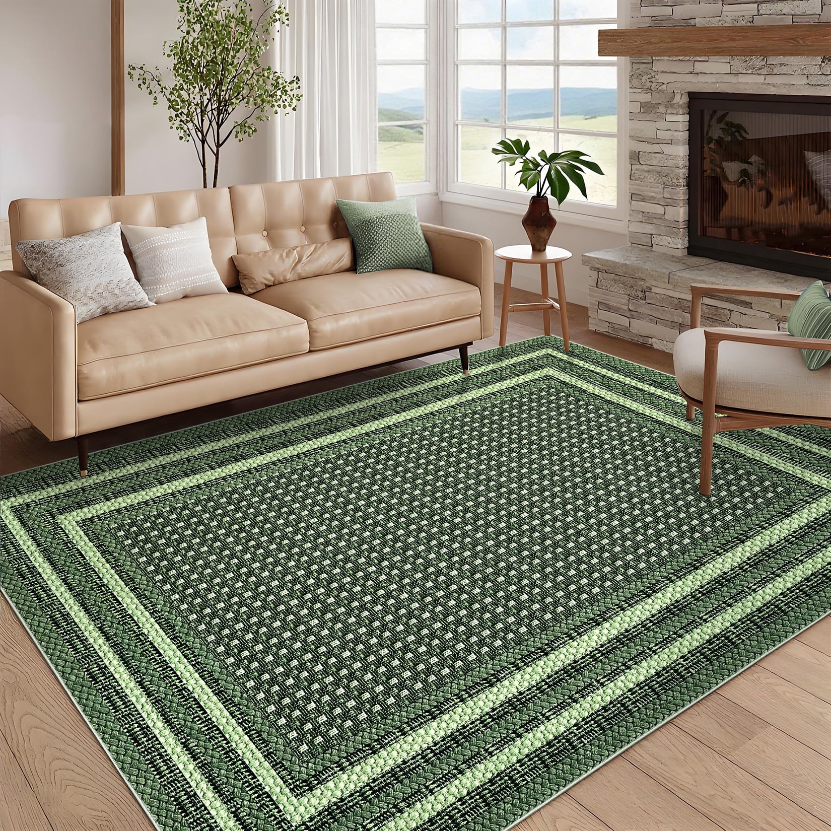 Garvee 9'x12' Bordered Print Area Rug Washable Rugs, Non Slip Modern Geometric Rug Stain Resistant Indoor Carpet for Living Room Bedroom Dining Room, Green