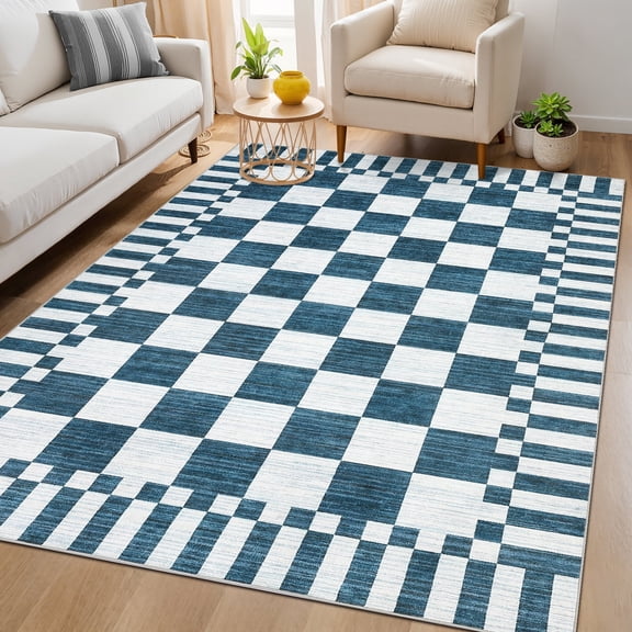 Garvee 9'x12' Checkered Area Rugs Modern Geometric Rug, Washable Non-Slip Low Pile Indoor Carpet for Living Room Bedroom Dining Room, Blue