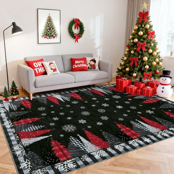 Garvee 9'x12' Christmas Area Rug Plaid Border Carpet, Washable Holiday Decorative Rug Non Slip Snowflake Christmas Tree Rug for Living Room Bedroom Home Office, Black