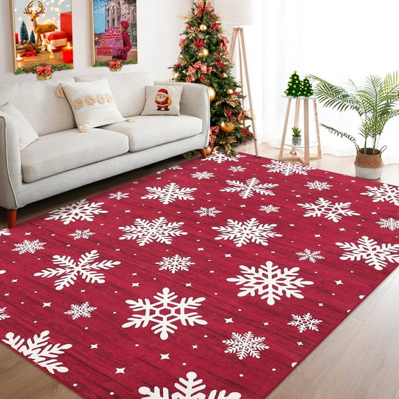 Garvee 9'x12' Christmas Area Rug Snowflake Printed Carpet, Washable Rug Non-Slip Soft Rugs Low Pile Foldable Xmas Decorative Floor Mats for Living Room Bedroom Home Decor