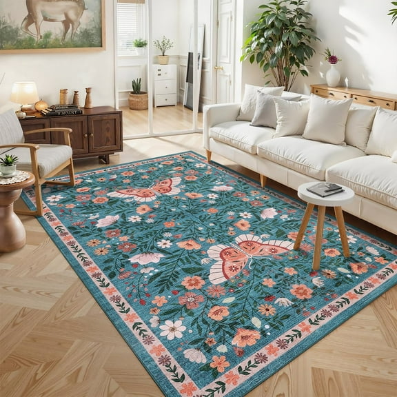 Garvee 9'x12' Farmhouse Floral Area Rug Botanical Butterfly Printed Carpet, Washable Rug with Non Slip TPR Backing Low Pile Indoor Mat for Living Room Bedroom Office, Blue