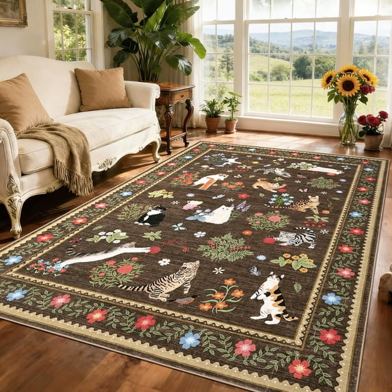 Garvee 9'x12' Floral Area Rug Animal Cat Carpet, Washable Boho Rugs Non Slip Low Pile Soft Indoor Floor Mat for Living Room Bedroom Dining Room, Brown