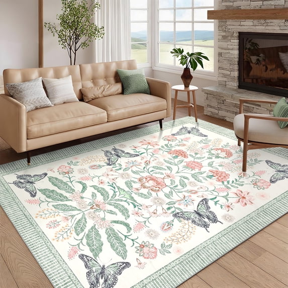 Garvee 9'x12' Floral Area Rug Geometric Bordered Carpet, Butterfly Printed Rug Washable Non Slip Rug for Living Room Bedroom Farmhouse, Green