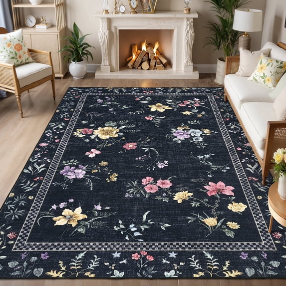 Garvee 9'x12' Floral Area Rug Modern Print Bordered Carpet, Washable Rug Non Slip Indoor Floor Mat for Living Room Bedroom Dining Room, Black