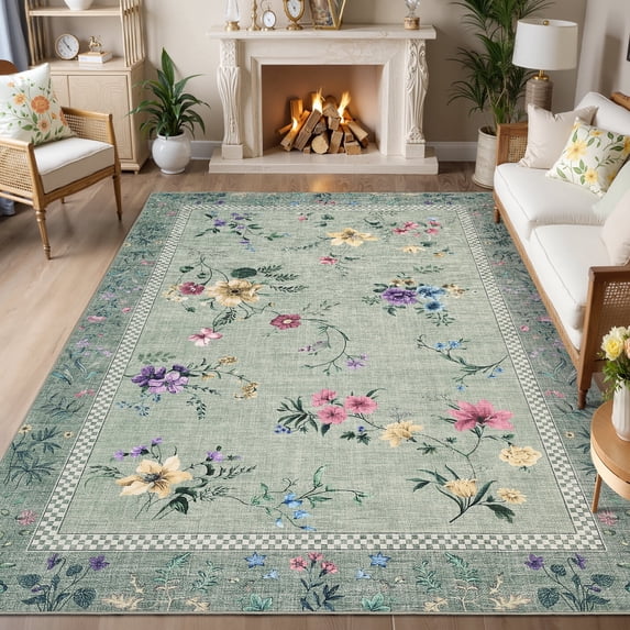 Garvee 9'x12' Floral Area Rug Modern Print Bordered Carpet, Washable Rug Non Slip Indoor Floor Mat for Living Room Bedroom Dining Room, Green