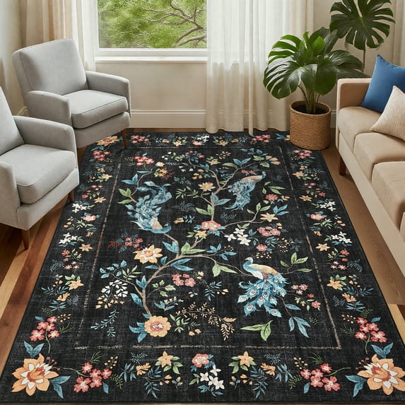 Garvee 9'x12' Floral Peacock Area Rug Animal Print Rug, Washable Rug Stain-Resistant Indoor Carpet with Non-Slip Backing for Living Room Bedroom Dining Room Office, Black