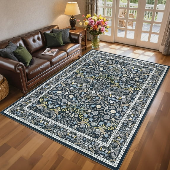 Garvee 9'x12' Floral Print Area Rug Washable Rug, Low Pile Farmhouse Accent Carpet with Non Slip Backing Soft Floor Mats for Living Room Bedroom Dining Room, Blue