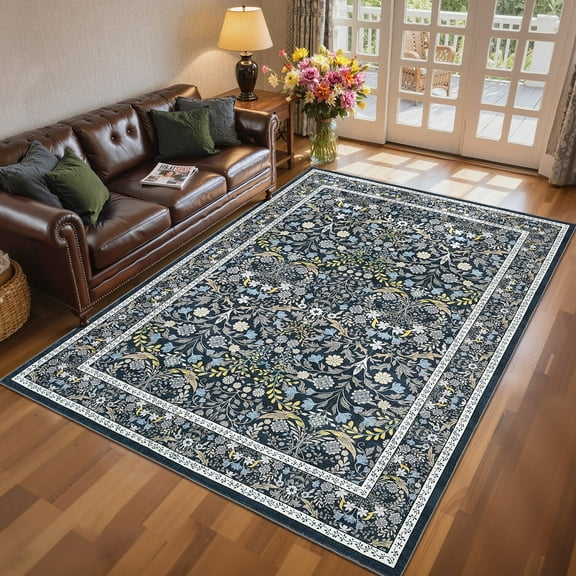 Garvee 9'x12' Floral Print Area Rug Washable Rug, Low Pile Farmhouse Accent Carpet with Non Slip Backing Soft Floor Mats for Living Room Bedroom Dining Room, Blue