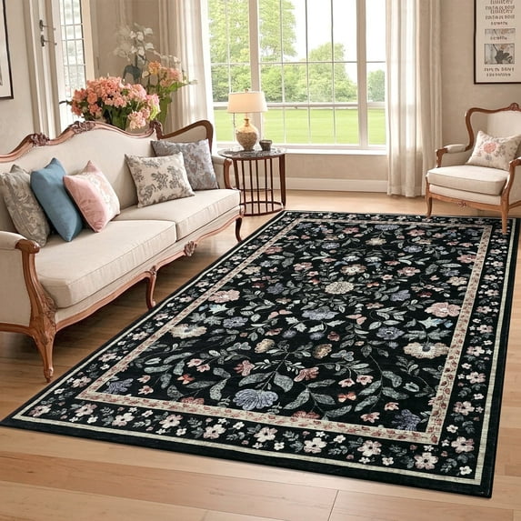 Garvee 9'x12' Living Room Rug Floral Print Area Rug, Washable Vintage Rug Low Pile Farmhouse Carpet Stain Resistant Indoor Rugs for Dining Room Bedroom Nursery, Black
