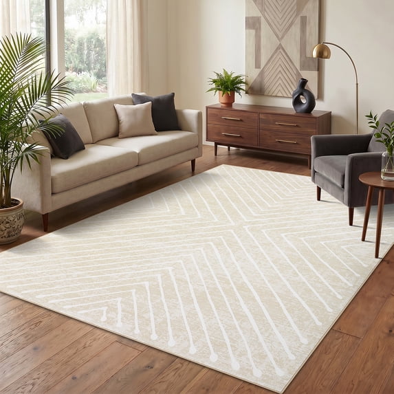 Garvee 9'x12' Geometric Area Rug Distressed Striped Decorative Carpet, Non‑Slip Washable Indoor Rug for Living Room Bedroom Home Office, Beige