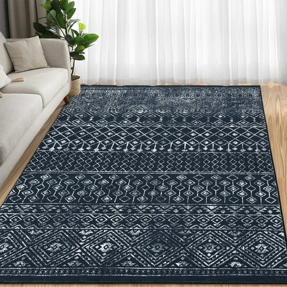 Garvee 9'x12' Geometric Area Rugs Boho Washable Carpet, Non Slip Low Pile Rug Foldable Stain Resistant Indoor Mat for Bedroom Living Room Playroom, Black