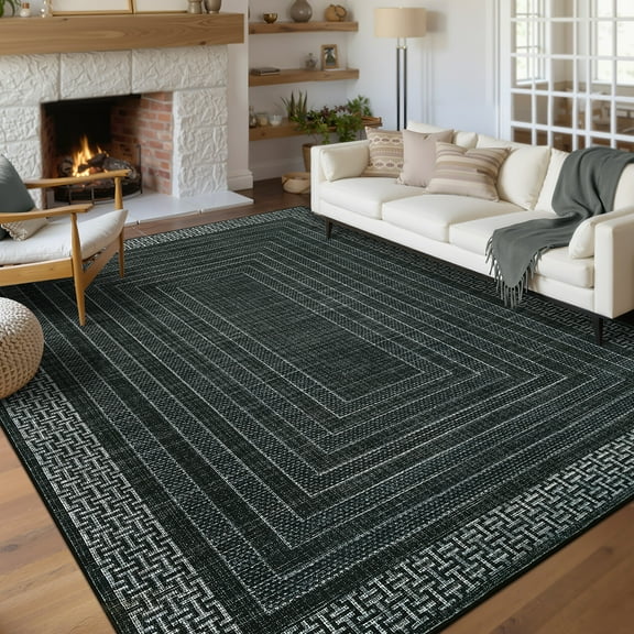 Garvee 9'x12' Geometric Bordered Area Rug Contemporary Indoor Carpet, Washable Rug Non Slip Low Pile Rug for Living Room Bedroom Dining Room, Black