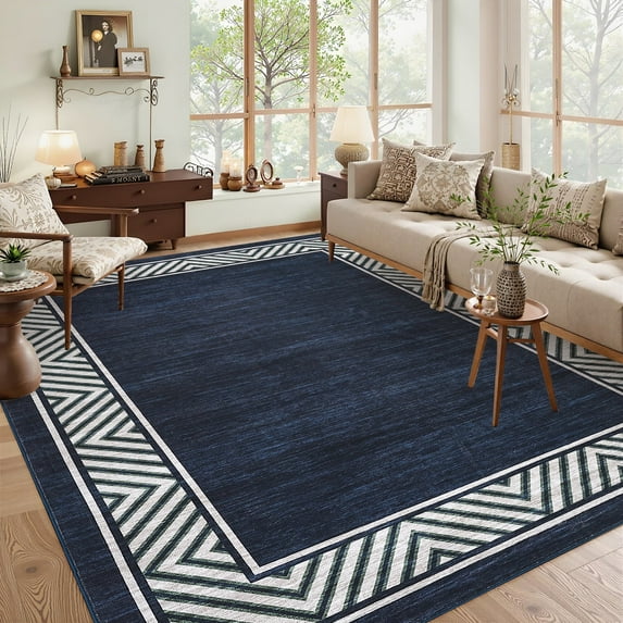 Garvee 9'x12' Geometric Bordered Area Rug Living Room Carpet, Washable Rug Non-Slip Non-Shedding Low Pile Floor Mats for Bedroom Home Office, Navy Blue