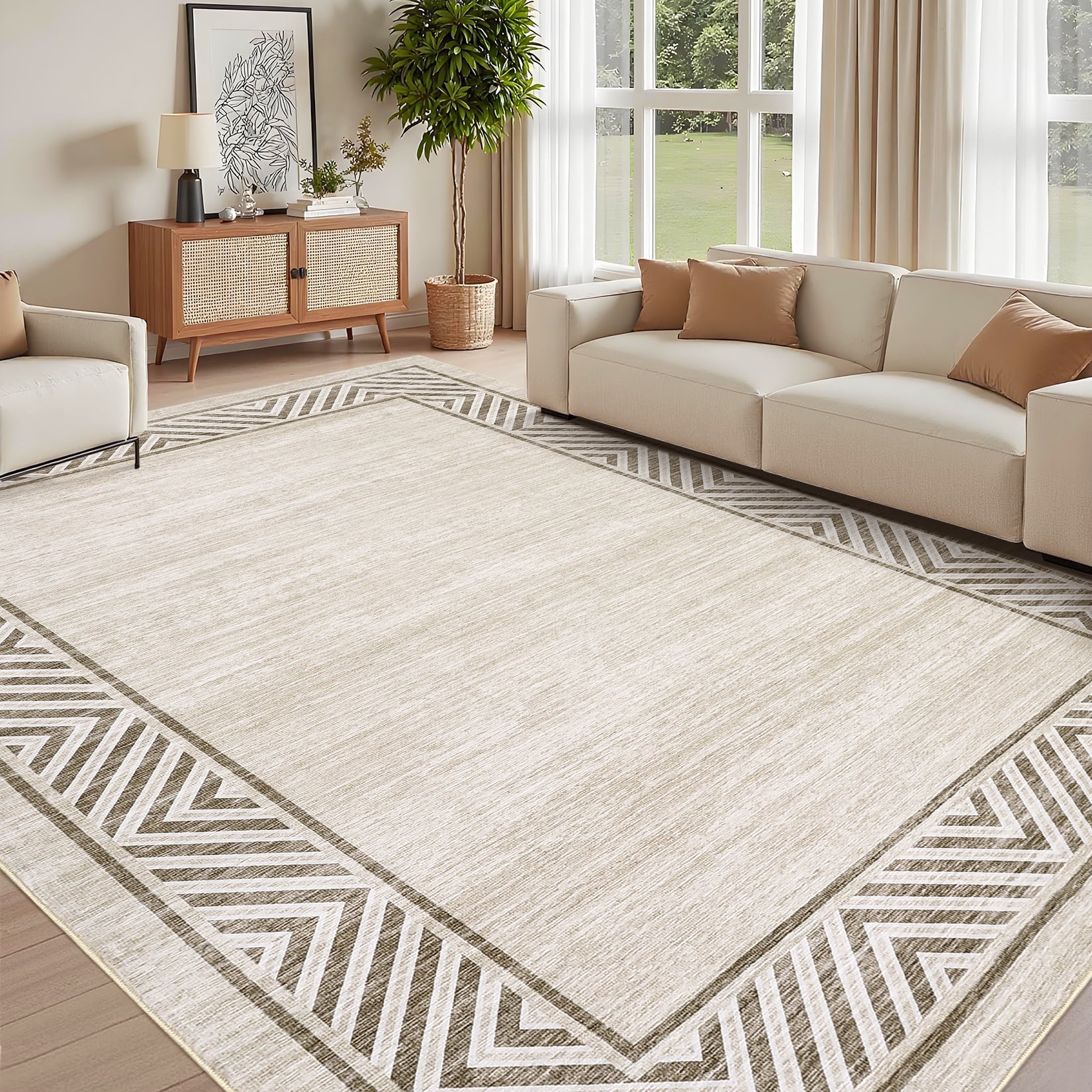 Garvee 9'x12' Geometric Bordered Area Rug Living Room Carpet, Washable Rug Non-Slip Non-Shedding Low Pile Floor Mats for Bedroom Home Office, Beige