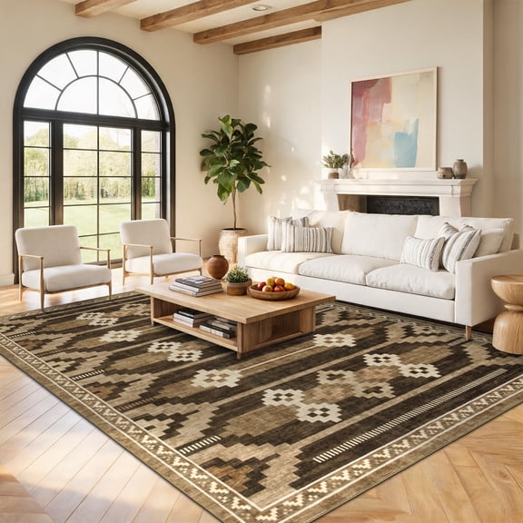 Garvee 9'x12' Geometric Washable Area Rug, Tribal Boho Non-Slip Low Pile Carpet for Living Room Bedroom Dining Room Home Decor, Brown