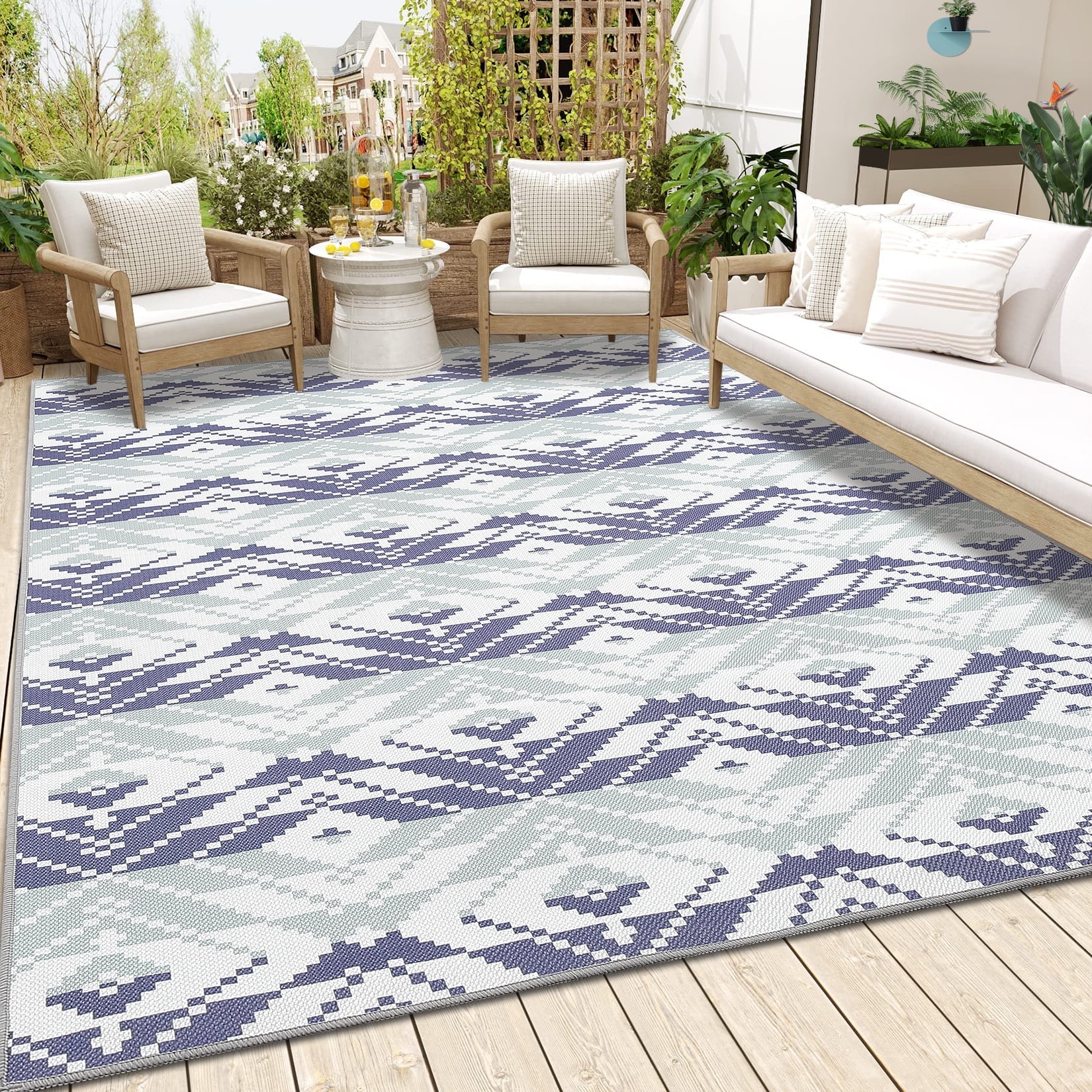 Garvee 9'x12' Indoor Outdoor Area Rugs, Waterproof Modern Print Pattern Non Slip Floor Carpet, Stain Resistant Carpet For Living Room Bedroom Backyard Patio, Blue and White