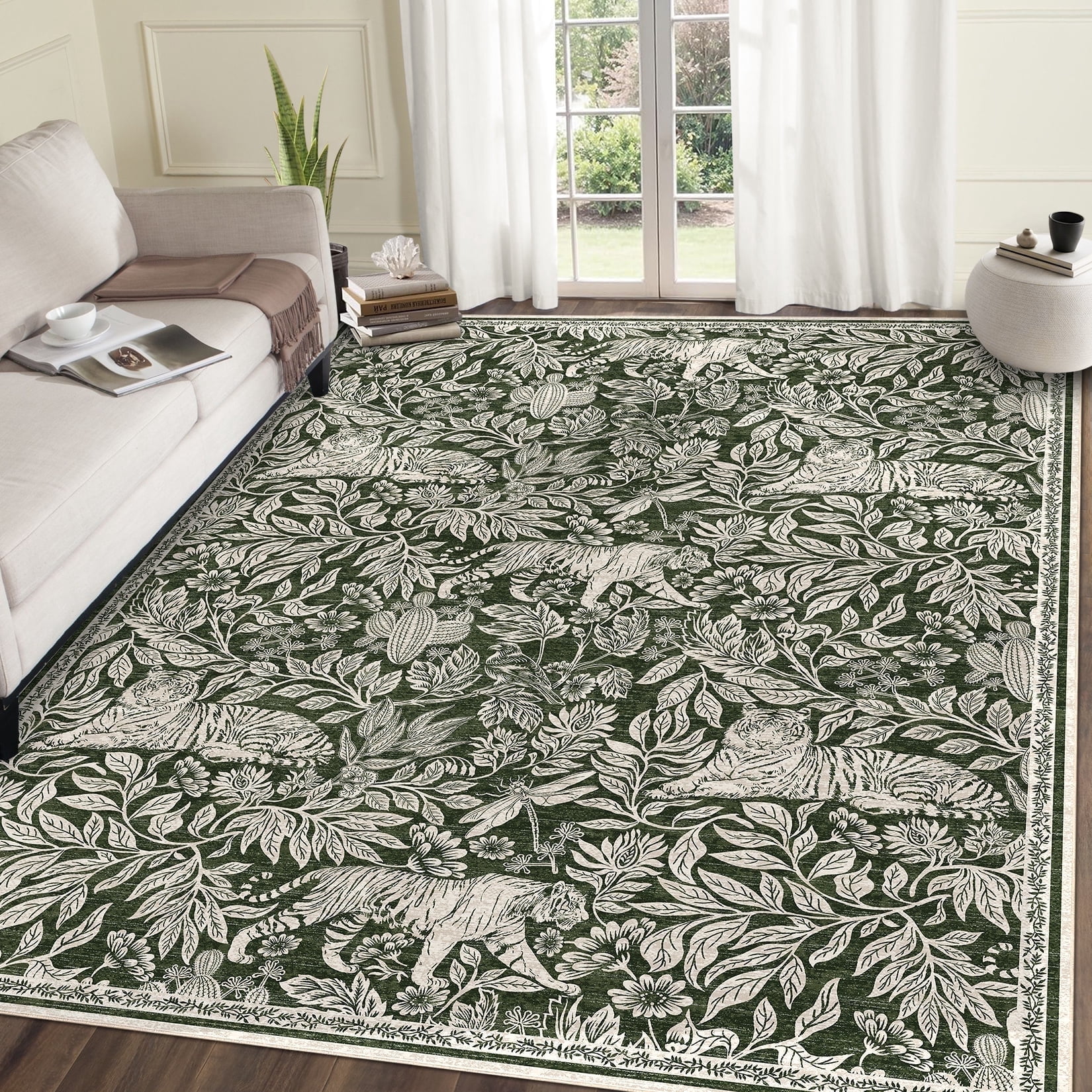 Garvee 9x12 Modern Abstract Print Rugs, Washable Living Room Rug Non Slip Non-Shedding Forest Tiger Floor Rugs Carpet, Soft Stain Resistant Indoor Rug for Dining Room Bedroom, Green