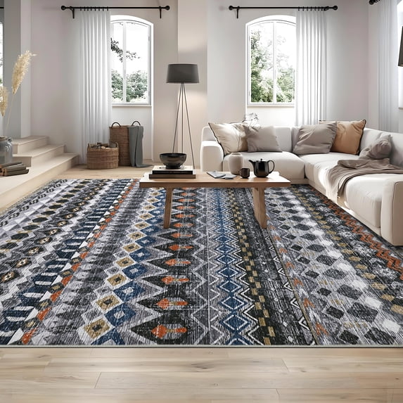Garvee 9'x12' Living Room Rug Soft Vintage Boho Area Rug Non Slip Non Shedding Geometric Printed Rug for Home Office, Gray Multi