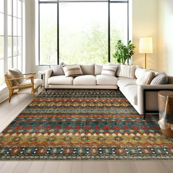 Garvee 9'x12' Living Room Rug Soft Vintage Boho Area Rug Non Slip Non Shedding Geometric Printed Rug for Home Office, Red Multi