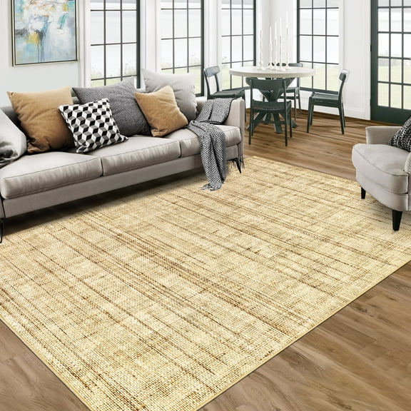 Garvee 9'x12' Modern Abstract Area Rug, Machine Washable Striped Accent Carpet Non-Slip Low Plie Soft Indoor Rug for Living Room, Bedroom, Dining Room, Linen