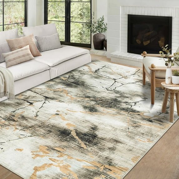 Garvee 9'x12' Modern Abstract Area Rugs Marble Design Accent Carpet, Distressed Print Rug Washable Rug with Non-Slip Backing Ultra-Soft Low Pile Indoor Rug for Living Room Bedroom Office, Brown