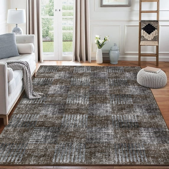 Garvee 9x12 Area Rug Modern Plaid Checkered Rug, Washable Rugs Soft Neutral Indoor Carpet Solid Rug Non Slip Low Pile Rug for Living Room Bedroom Dining Room Office, Brown