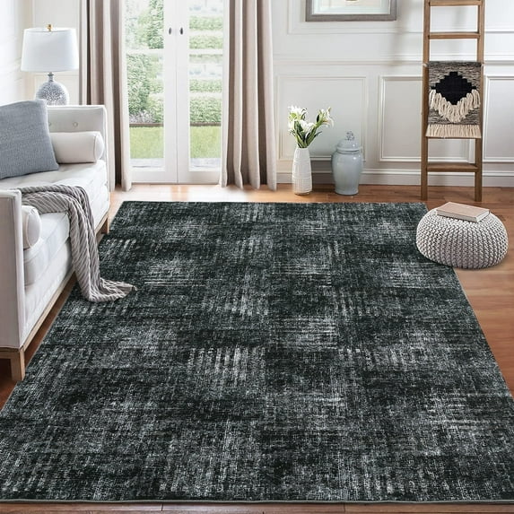 Garvee 9x12 Area Rug Modern Plaid Checkered Rug, Washable Rugs Soft Neutral Indoor Carpet Solid Rug Non Slip Low Pile Rug for Living Room Bedroom Dining Room Office, Gray