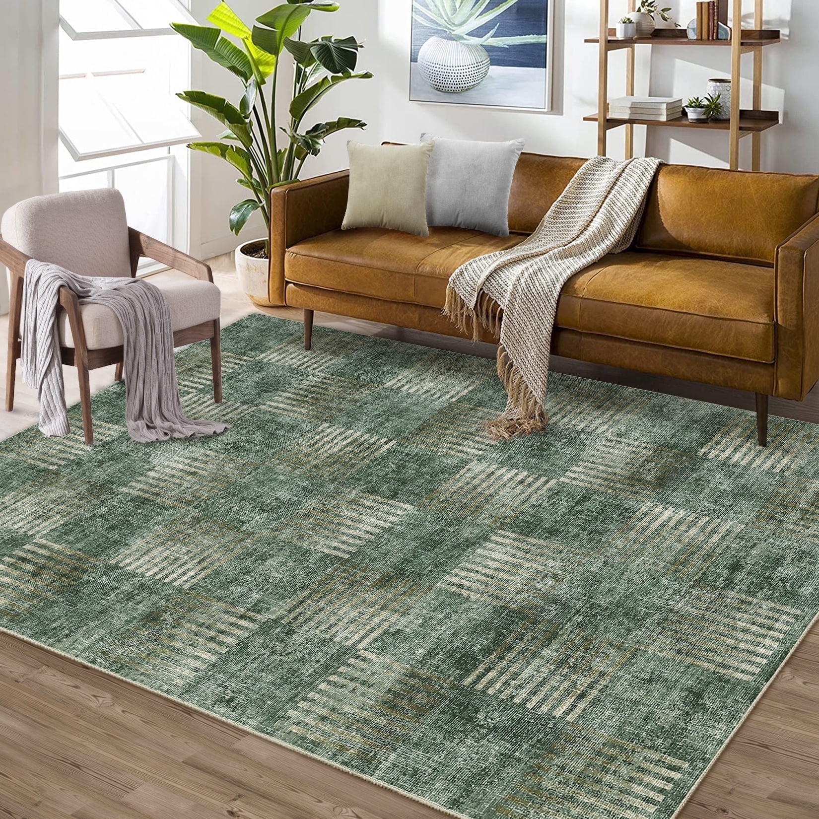 Garvee 9x12 Area Rug Modern Plaid Checkered Rug, Washable Rugs Soft Neutral Indoor Carpet Solid Rug Non Slip Low Pile Rug for Living Room Bedroom Dining Room Office, Green