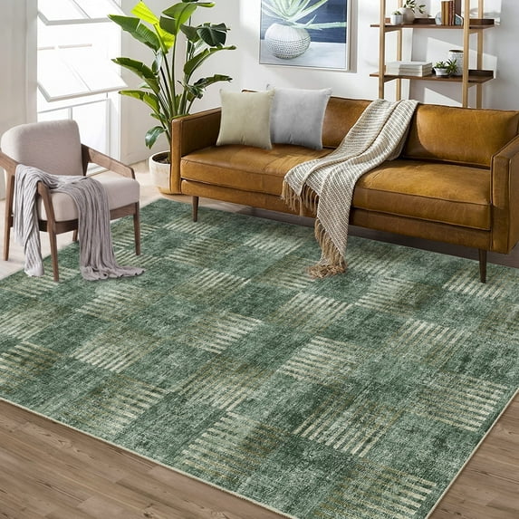 Garvee 9x12 Area Rug Modern Plaid Checkered Rug, Washable Rugs Soft Neutral Indoor Carpet Solid Rug Non Slip Low Pile Rug for Living Room Bedroom Dining Room Office, Green