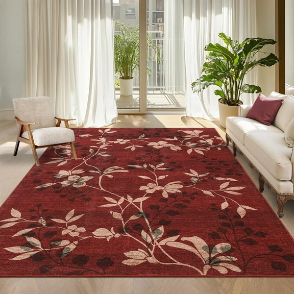 Garvee 9'x12' Modern Area Rug Washable Floral Accent Carpet with Non-Slip Backing, Stain-Resistant Soft Rugs Low Pile Floor Mats, Botanical Print Rug for Living Room, Bedroom, Dining Room, Red