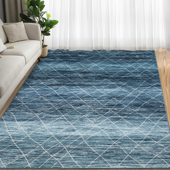 Garvee 9'x12' Modern Abstract Area Rugs, Machine Washable Area Rug Neutral Indoor Floor Carpet Low Pile Rugs for Living Room Bedroom Office, Blue