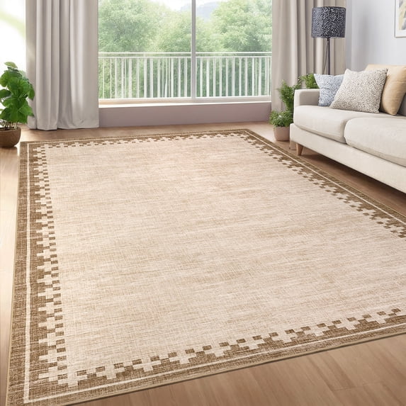 Garvee 9'x12' Modern Bordered Area Rug Farmhouse Neutral Carpet, Washable Rug Non Slip Soft Rugs for Living Room Bedroom Home Office, Linen