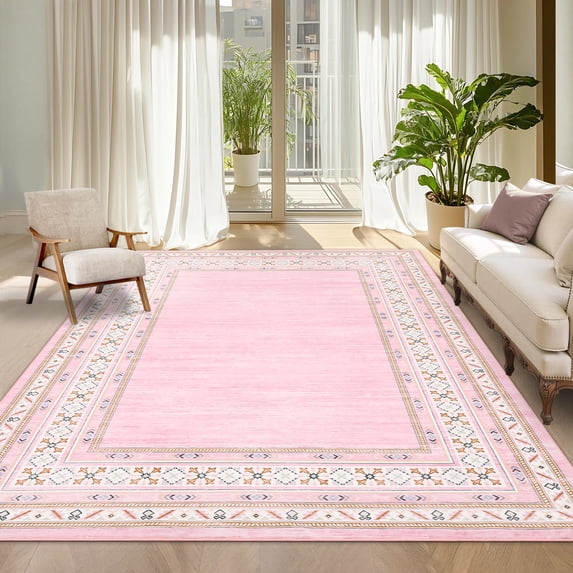 Garvee 9'x12' Modern Bordered Area Rug Floral Washable Rugs Non-Shedding Stain-Resistant Rugs for Dining Room Home Office, Pink