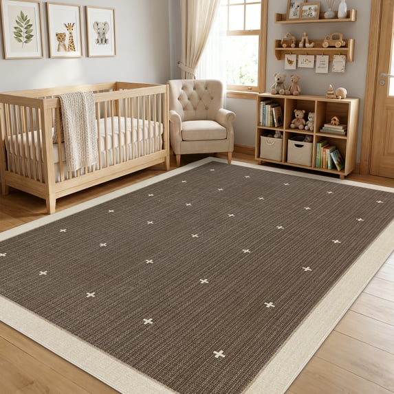Garvee 9'x12' Modern Bordered Area Rug Geometric Carpet with Non Slip Backing, Contemporary Cross Motifs Dot Rug Washable Rug for Living Room Bedroom Home Decor, Brown Coffee