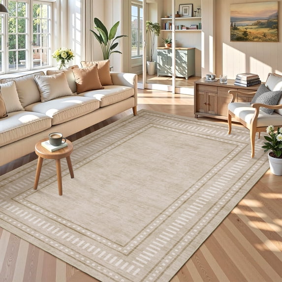 Garvee 9'x12' Modern Bordered Area Rug Geometric Carpet, Washable Non Slip Rug for Living Room Bedroom Home Decor, Camel