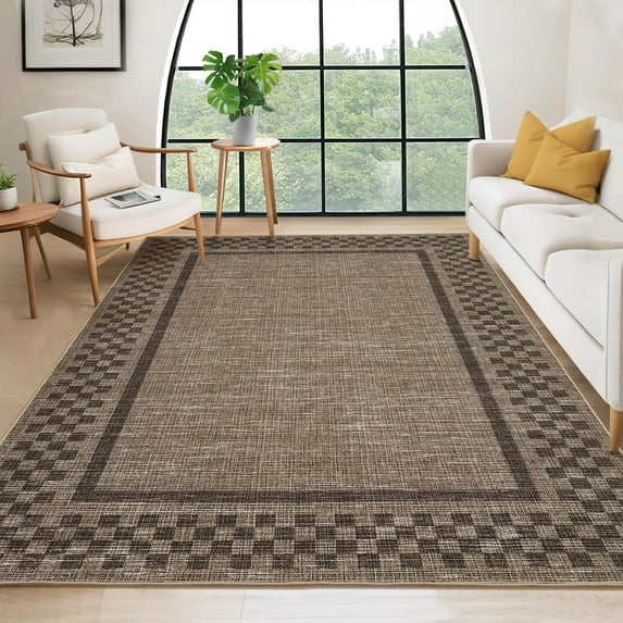 Garvee 9'x12' Modern Bordered Area Rugs Checkered Rug for Living Room Bedroom, Washable Low Pile Rug Stain Resistant Indoor Carpet, Brown