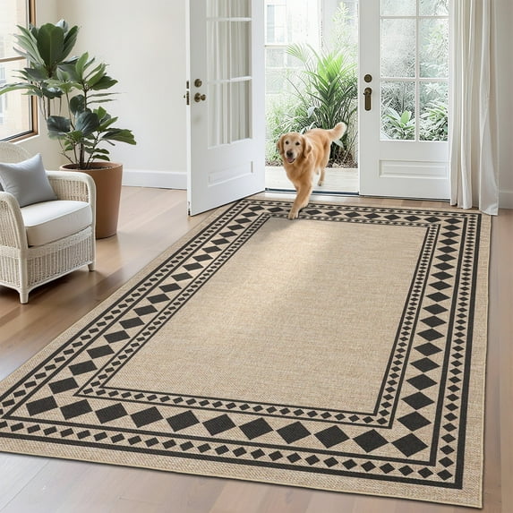 Garvee 9'x12' Modern Bordered Rug Solid Area Rug, Geometric Washable Rugs Stain Resistant Low Pile Rug Non Slip Indoor Outdoor Carpet for Living Room Bedroom Home Office, Jute