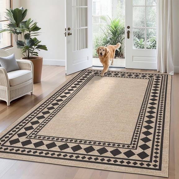 Garvee 9'x12' Modern Bordered Rug Solid Area Rug, Geometric Washable Rugs Stain Resistant Low Pile Rug Non Slip Indoor Outdoor Carpet for Living Room Bedroom Home Office, Jute