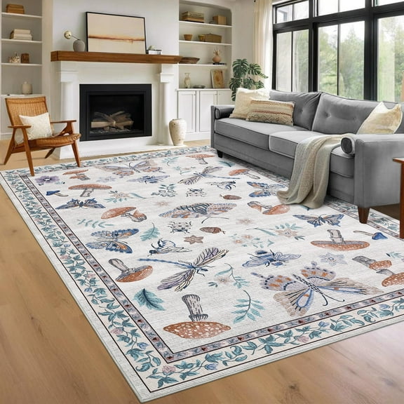 Garvee 9'x12' Modern Insect Floral Print Area Rug Washable Rugs, Stain-Resistant Non Slip Rug Foldable Indoor Carpet Low Pile Floor Mat for Living Room Bedroom Home Decor, Beige