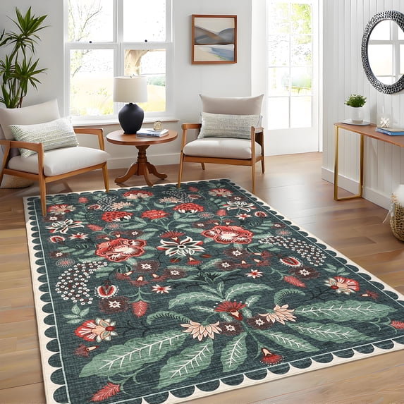 Garvee 9'x12' Modern Retro Floral Area Rug Washable Printed Carpet, Non Slip Low Pile Indoor Rug for Living Room Bedroom Dining Room, Blue Green