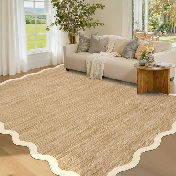 Garvee 9'x12' Modern Scalloped Rug Washable Rug with Non Slip Backing, Neutral Farmhouse Soft Low Pile Carpet for Living Room Bedroom Home Office, Camel