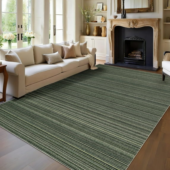 Garvee 9'x12' Modern Stripe Area Rug, Washable Neutral Printed Carpet with Non Slip Rubber Backing, Stain Resistant Accent Floor Carpet for Living Room, Bedroom, Home Office, Green