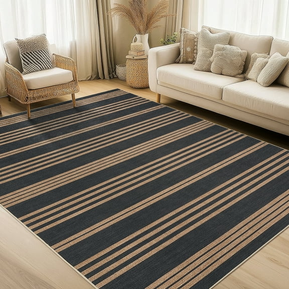 Garvee 9'x12' Modern Striped Area Rugs Easy Jute Rug with Non-Slip Backing, Washable Rug Neutral Print Indoor Outdoor Carpet for Bedroom Living Room Patio, Black Coffee