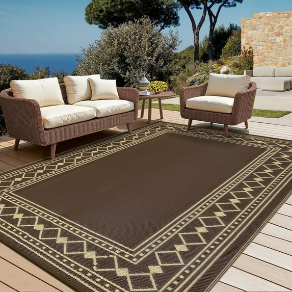 Garvee 9'x12' Outdoor Rug Modern Bordered Geometric Rug Waterproof Reversible Plastic Straw Rug for Patio Camping RV Balcony Backyard, Brown