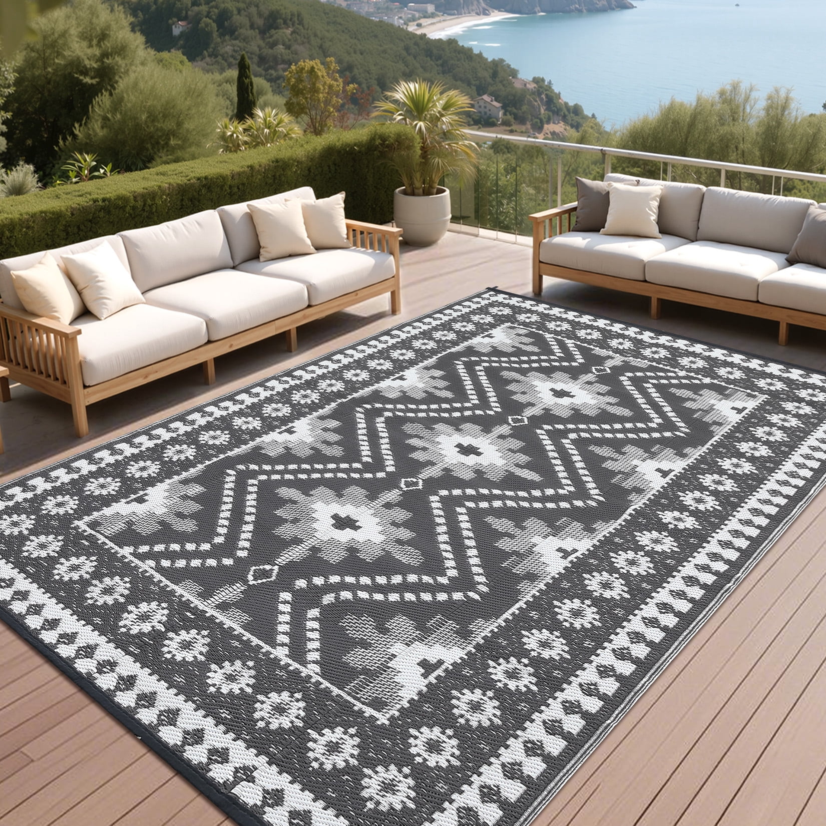 Garvee 9'x12' Outdoor Rug Waterproof Plastic Straw Rug, Reversible Camping Rugs Camping RV Mat Outside Vintage Diamond Carpet for Patio Deck Backyard Beach Picnic, Gray