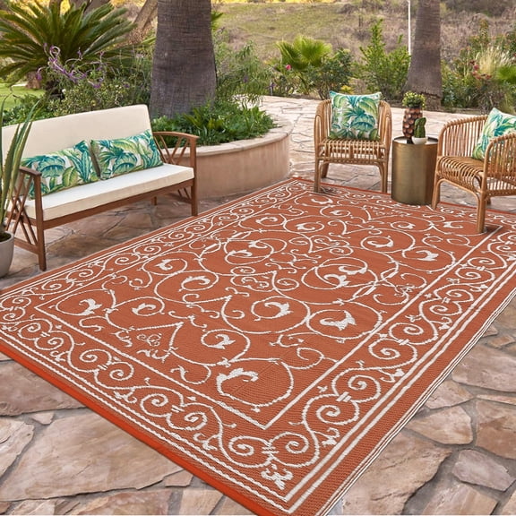 Garvee 9'x12' Outdoor Rug Waterproof Plastic Straw Rug, Reversible Outside Carpet UV Resistant Modern RV Mat for Backyard Garden Deck Poolside, Brick Red